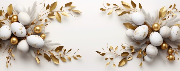 Stylish wreath with golden Easter eggs and leaves on light background