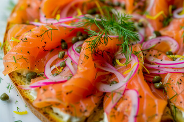 AI-generated illustration of smoked salmon adorned with onions and dill