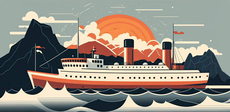 Steamship - Minimalistic flat design landscape illustration. Image for a wallpaper, background, postcard or poster