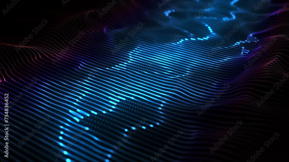 Poster bright three-dimensional waves of information in digital space. abstract concept of sound waves, art