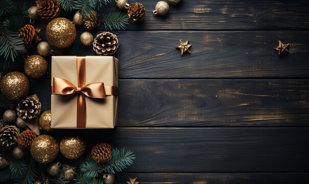 Christmas background with decorations and  boxes on  wooden table, top view, copy space