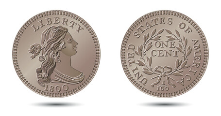 Vector American money, one cent coin, 1796-1807.  Classic head large cent. Vector illustration.