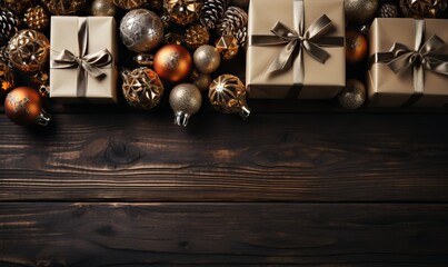 Christmas background with decorations and  boxes on  wooden table, top view, copy space