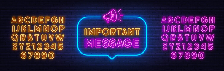 Important Message neon sign in the speech bubble on brick wall background.
