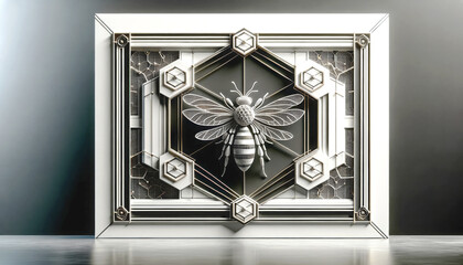 AI generated illustration of an ornate, framed art piece with a stylized bee with geometric patterns
