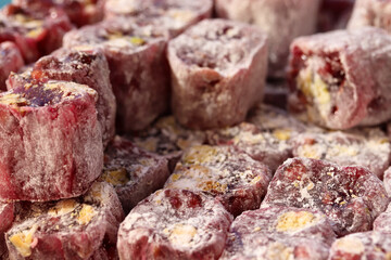 Macro of traditional Turkish Delight confectionery.