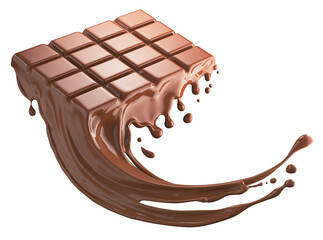 chocolate pieces falling on chocolate sauce 3d illustration.
