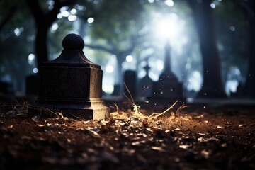 Eerie Grave Bokeh: A single grave with haunting lights.