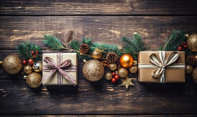 Christmas background with decorations and  boxes on  wooden table, top view, copy space