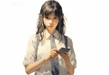 drawing of an asian school girl holding a mobile phone