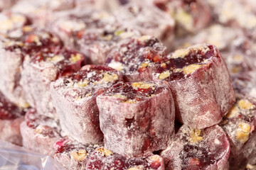 Macro of traditional Turkish Delight confectionery.