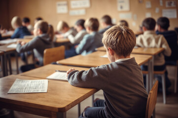 Young Boy Sitting at Desk in Front of Classroom Full of Students