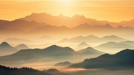 Fototapeta na wymiar Sunrise over a serene mountain range, bathed in soft, golden light