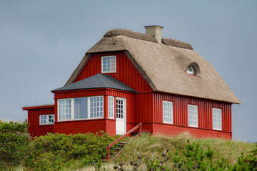 Red scandinavian wooden house with thatched roof up on the dunes in Denmark.