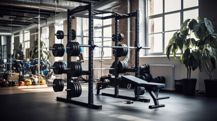 Modern Light-Filled Gym Featuring a Rack with Barbells of Various Weights - obrazy, fototapety, plakaty