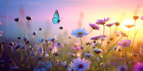 Badkamer foto achterwand wild flowers chamomile, purple wild peas, butterfly in morning haze in nature close-up macro. Landscape wide , copy space, cool blue tones. Delightful pastoral airy artistic © wiparat
