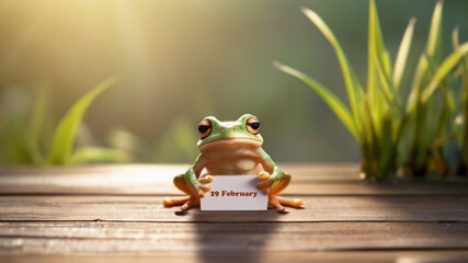 Cute frog holding banner with text. Leap day, one extra day - leap year 29 February  - 734839675