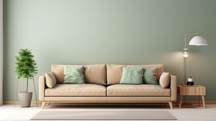Fototapeta premium Stylish interior design living room modern mint sofa wooden consol, cube, coffee table lamp