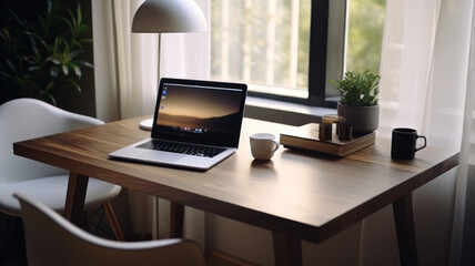 Table with laptop in home office interior