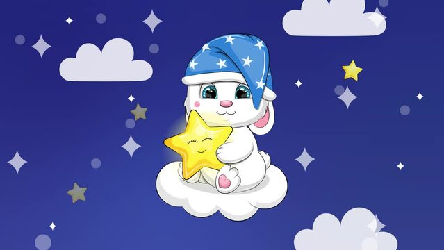 Cute cartoon white rabbit in a nightcap holds a star and sits on a cloud. Night animation of animal. Looped background.