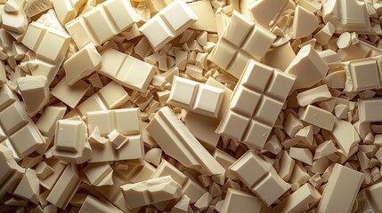 Scattered pile of white chocolate bars: top-down perspective, tempting indulgence