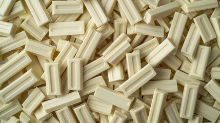 Scattered pile of white chocolate bars: top-down perspective, tempting indulgence