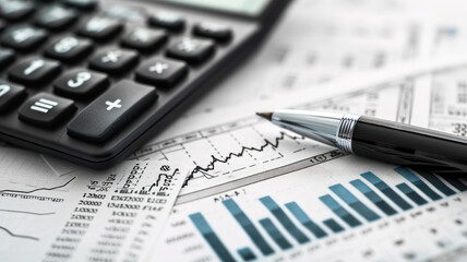 Financial accounting stock market graphs, pen, analysis calculator - obrazy, fototapety, plakaty