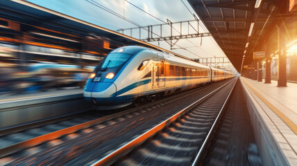 Obraz premium High speed train motion railway station sunset. Fast moving modern passenger train railway platform Railroad motion blur effect