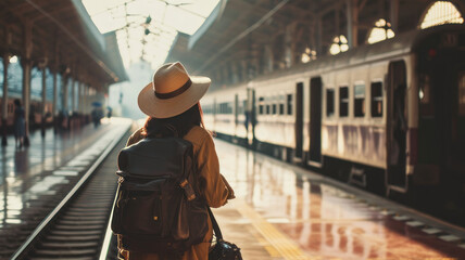 Young asian woman traveler with backpack in the railway, - obrazy, fototapety, plakaty