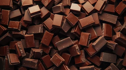 Fotobehang Haphazardly scattered pile of chocolate bars, rich brown hues, tempting indulgence © pengedarseni