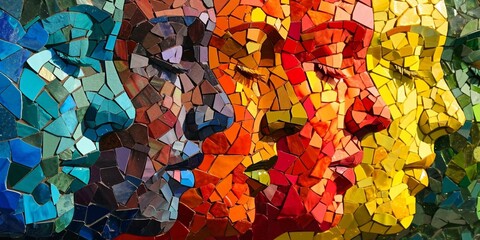 A mosaic of emotions in a variety of vibrant colors forming a mosaic pattern, each piece representing a different facet of mental health and exploration.