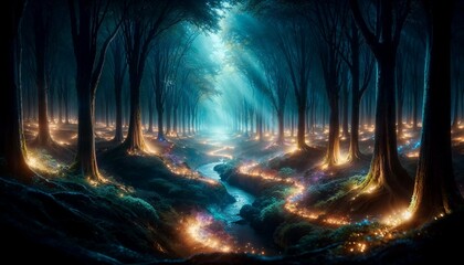 Obraz premium Enchanted Forest at Night - AI generated digital art