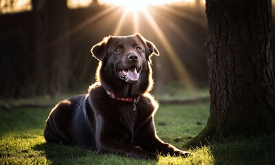 Happy dog on the loan, magic atmosphere, a ray of light