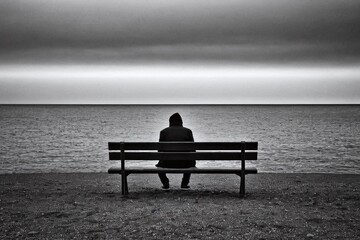 Lonely sad man on a bench looking into the sea, lonely, black-and-white sad mood