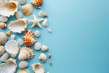 Seashells, pebbles, mockup on blue background. Blank, top view, still life, flat lay. Sea vacation travel concept tourism and resorts. Summer holidays.