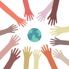 Belonging and inclusion concept as a symbol of acceptance and integration with diversity and support of different cultures as diverse races and unity symbol holding planet in the hand. Vector.