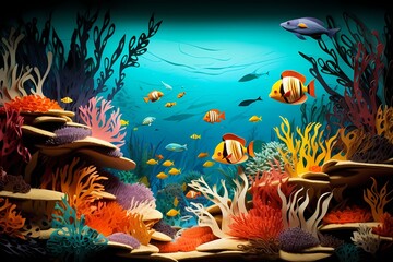 Fototapeta na wymiar A captivating paper-cut underwater scene, featuring schools of fish and coral reefs, all meticulously crafted with vibrant colored paper.
