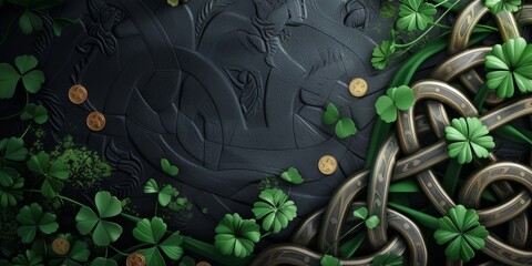 Celtic Knot for St. Patrick's - A detailed Celtic knot incorporating green shamrocks and gold coins against a dark background.  - Powered by Adobe