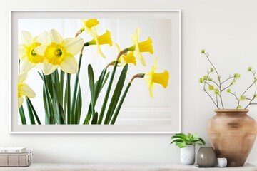 Daffodils in Bloom - A vibrant cluster of daffodils, their bright yellow blooms against a crisp white background, heralding the arrival of spring in March. 