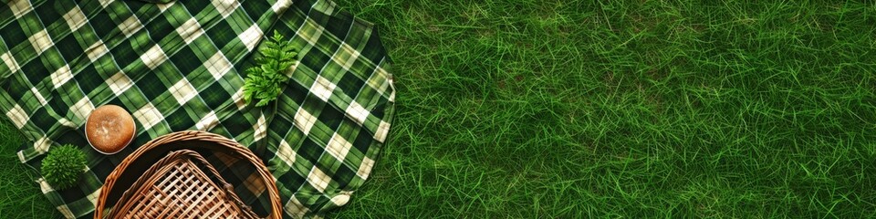 Picnic Preparation - A picnic basket on a lush green lawn, with a checkered blanket beside it, hinting at the outdoor activities that become more frequent in March. 