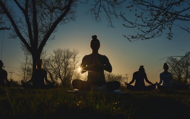 Spring Equinox Yoga - Silhouettes practicing yoga in a peaceful outdoor setting during sunrise, celebrating balance and renewal. 