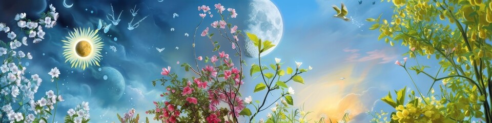 Vernal Equinox - Half day, half night scene with a sun and moon to represent the equinox, flowers blooming on the day side.  - obrazy, fototapety, plakaty