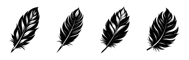Set of feather silhouettes. Collection of black feathers - obrazy, fototapety, plakaty