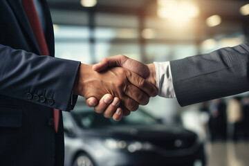 Two professionals are engaging in a firm handshake in a car showroom, possibly finalizing a sale or partnership.