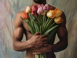 A man holds a bouquet of tulips in his hands. A handsome man holds flowers in his hands.