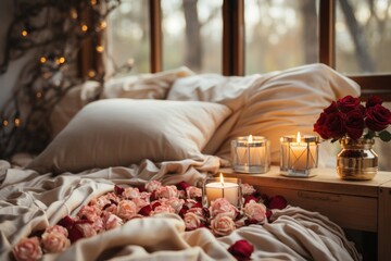 Romantic and cozy modern bedroom, with a luxuriously made bed.