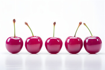 five red cherries are on white background