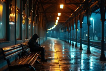 A lone figure sitting on a bench in an empty train station, waiting for a train that may never come. - obrazy, fototapety, plakaty