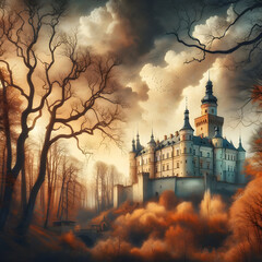 Gothic castle rises above the autumn forest, its spires touching a brooding sky, standing sentinel beneath a dramatic, cloud-strewn canopy. Ideal for historical and fantasy backdrops.