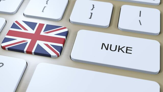 UK United Kingdom National Flag and Text Nuke. Country Using Nuclear Weapon Concept 3D Animation